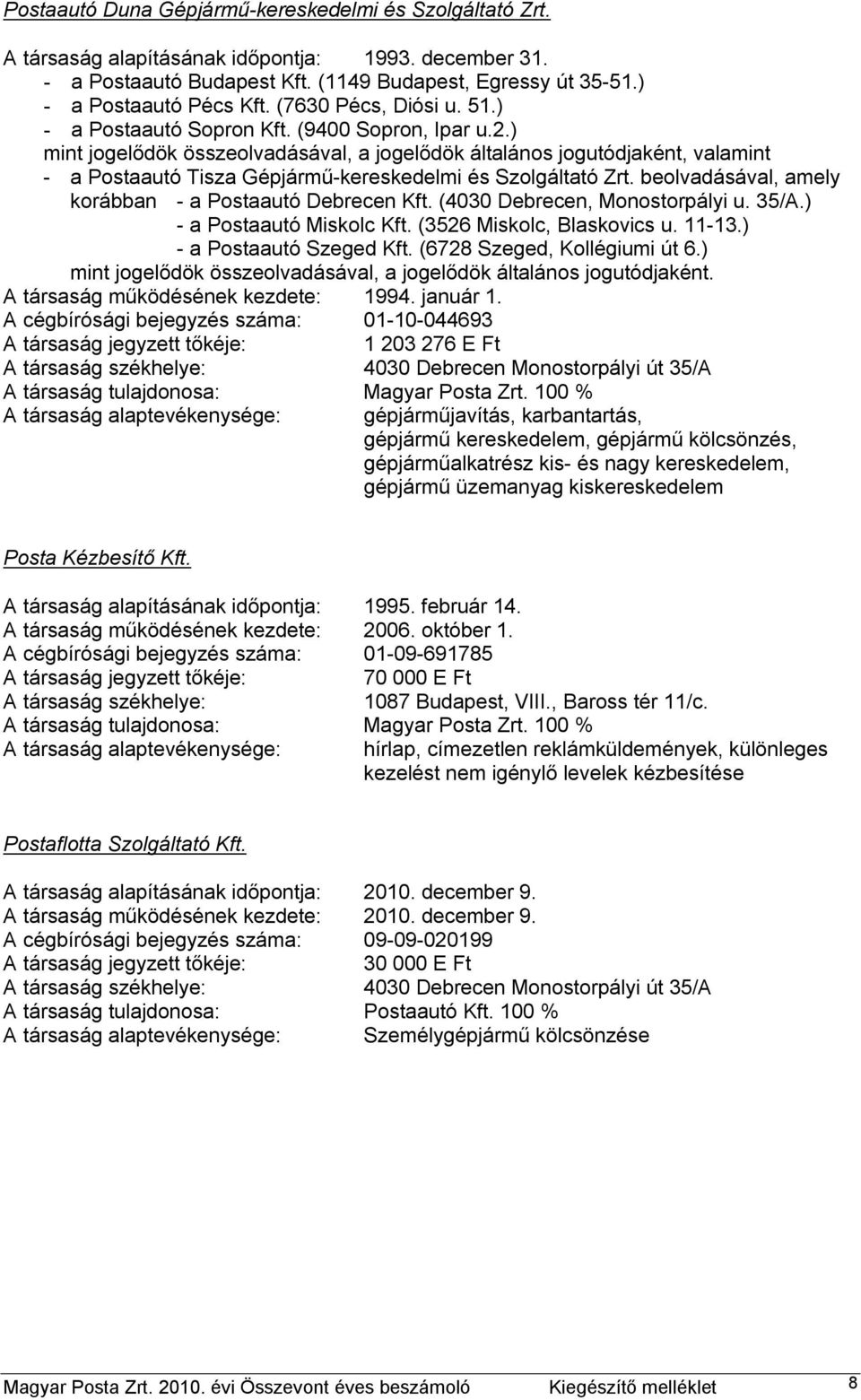 ) mint jogelődök összeolvadásával, a jogelődök általános jogutódjaként, valamint - a Postaautó Tisza Gépjármű-kereskedelmi és Szolgáltató Zrt. beolvadásával, amely korábban - a Postaautó Debrecen Kft.