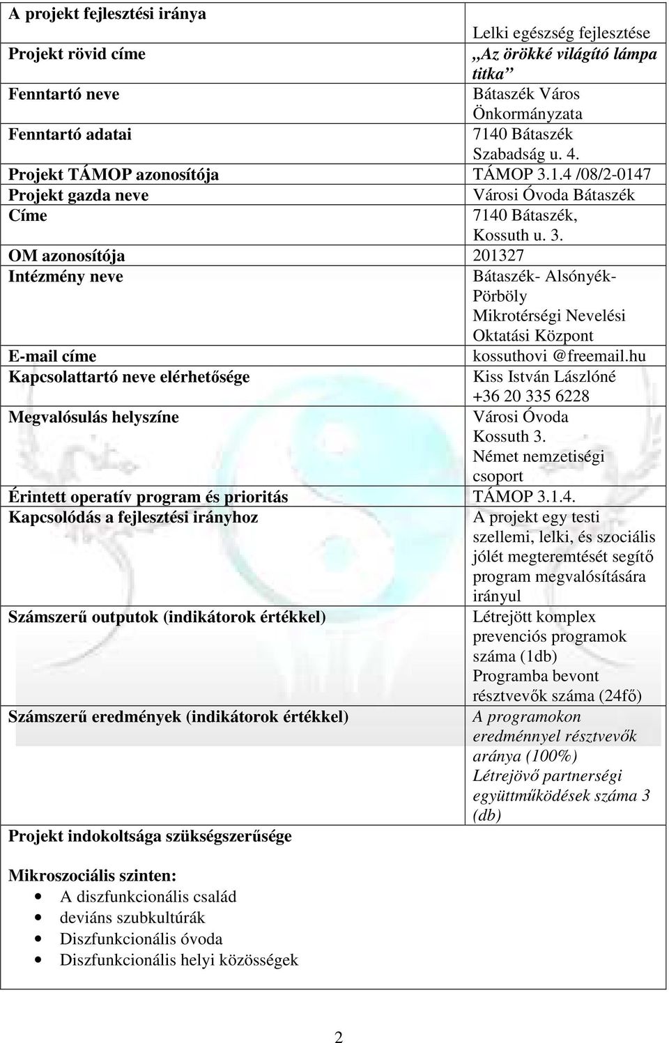 hu Kapcsolattartó neve elérhetősége Kiss István Lászlóné +36 20 335 6228 Megvalósulás helyszíne Városi Óvoda Kossuth 3. Német nemzetiségi csoport Érintett operatív program és prioritás TÁMOP 3.1.4.