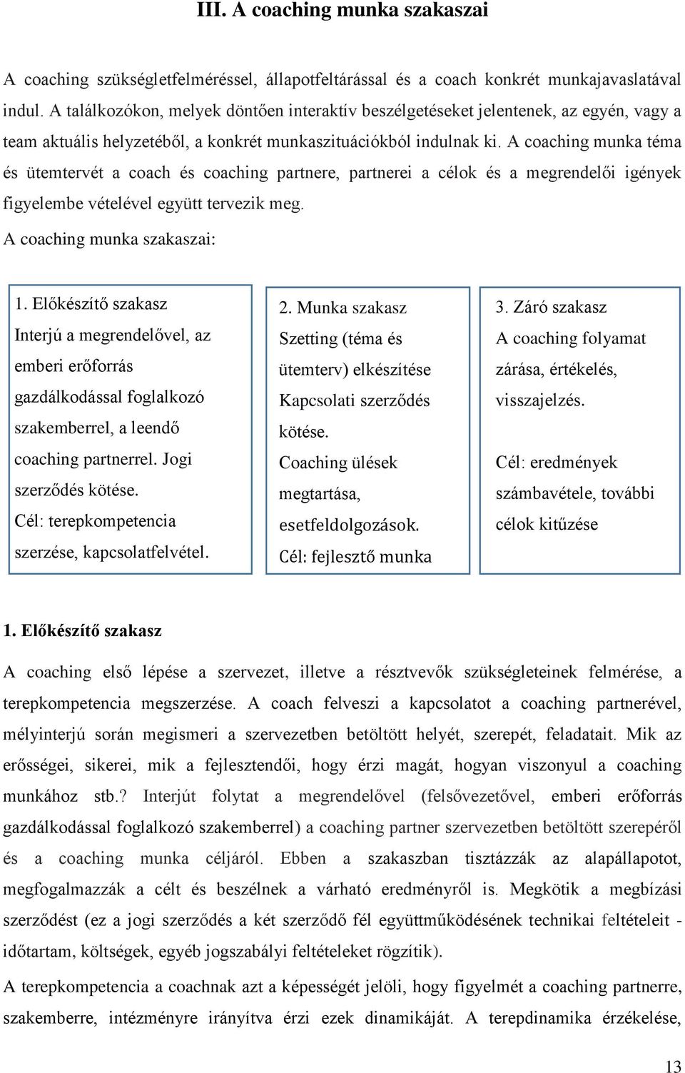 A coaching munka téma és ütemtervét a coach és coaching partnere, partnerei a célok és a megrendelői igények figyelembe vételével együtt tervezik meg. A coaching munka szakaszai: 1.