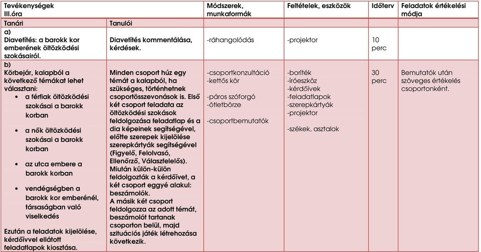 barokk kor emberénél, társaságban való viselkedés Ezután a feladatok kijelölése, kérdıívvel ellátott feladatlapok kiosztása. Diavetítés kommentálása, kérdések.