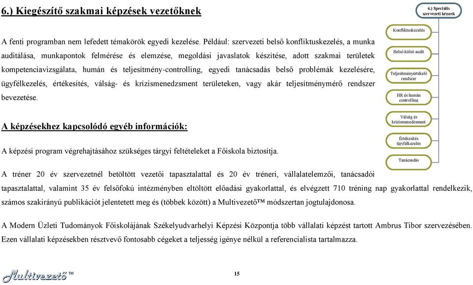 teljesítmény-controlling, egyedi tanácsadás belső problémák kezelésére, ügyfélkezelés, értékesítés, válság- és krízismenedzsment területeken, vagy akár teljesítménymérő rendszer bevezetése.