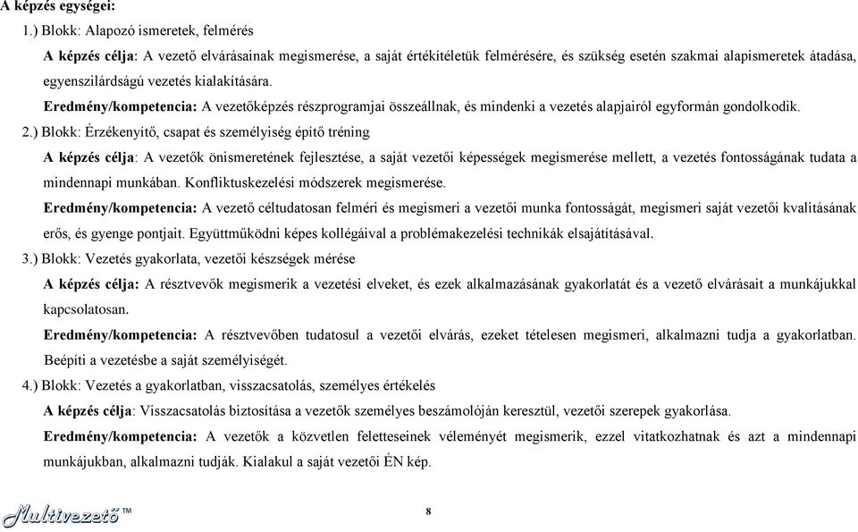 kialakítására. Eredmény/kompetencia: A vezetőképzés részprogramjai összeállnak, és mindenki a vezetés alapjairól egyformán gondolkodik. 2.