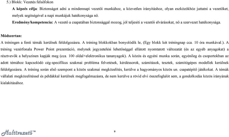 Módszertan: A tréningen a fenti témák kerülnek feldolgozásra. A tréning blokkokban bonyolódik le, (Egy blokk két tréningnap cca. 10 óra munkával.).