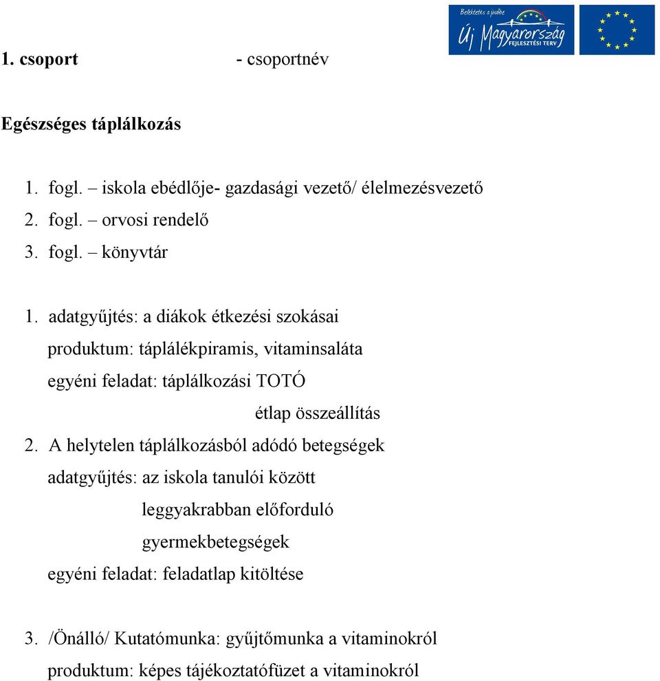 adatgyűjtés: a diákok étkezési szokásai produktum: táplálékpiramis, vitaminsaláta egyéni feladat: táplálkozási TOTÓ étlap összeállítás 2.