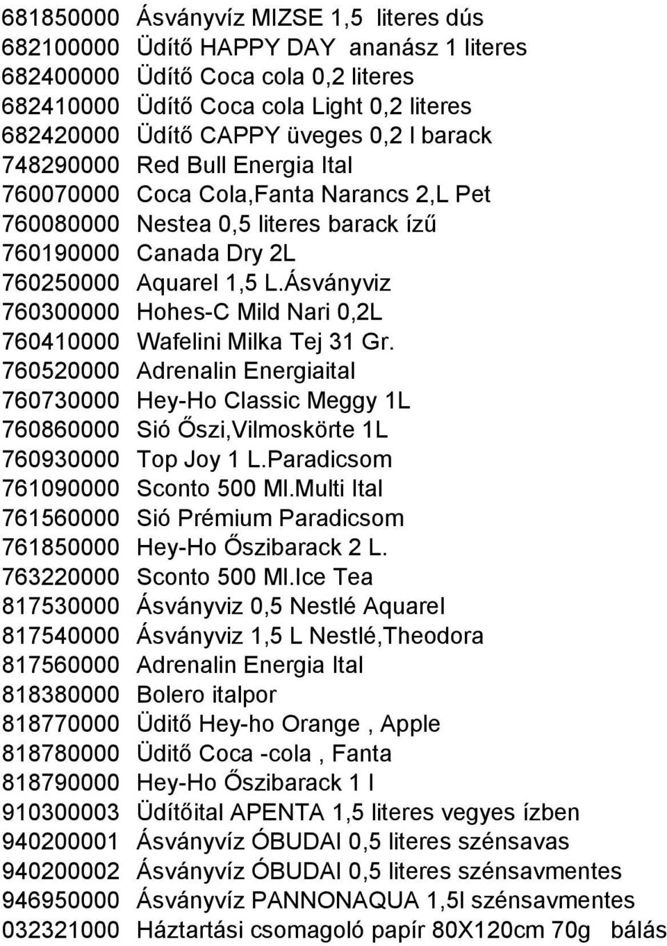 Ásványviz 760300000 Hohes-C Mild Nari 0,2L 760410000 Wafelini Milka Tej 31 Gr.