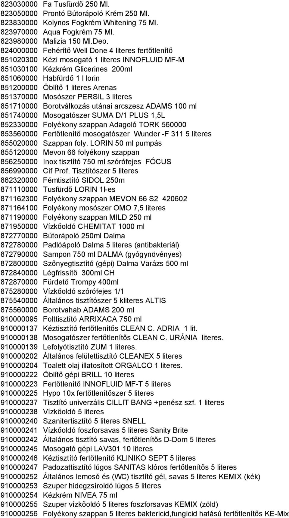 851370000 Mosószer PERSIL 3 literes 851710000 Borotválkozás utánai arcszesz ADAMS 100 ml 851740000 Mosogatószer SUMA D/1 PLUS 1,5L 852330000 Folyékony szappan Adagoló TORK 560000 853560000