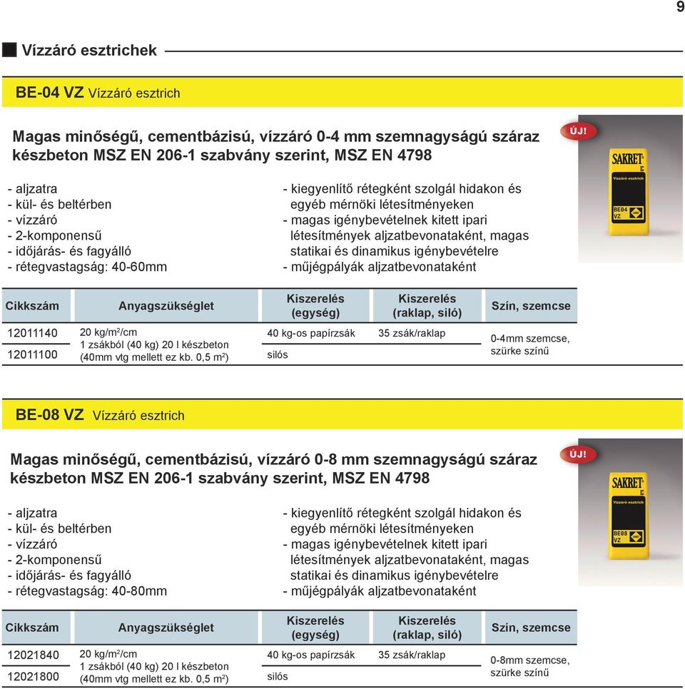 létesítmények aljzatbevonataként, magas statikai és dinamikus igénybevételre - műjégpályák aljzatbevonataként 12011140 20 kg/m 2 /cm 40 kg-os papírzsák 35 zsák/raklap 1 zsákból (40 kg) 20 l készbeton