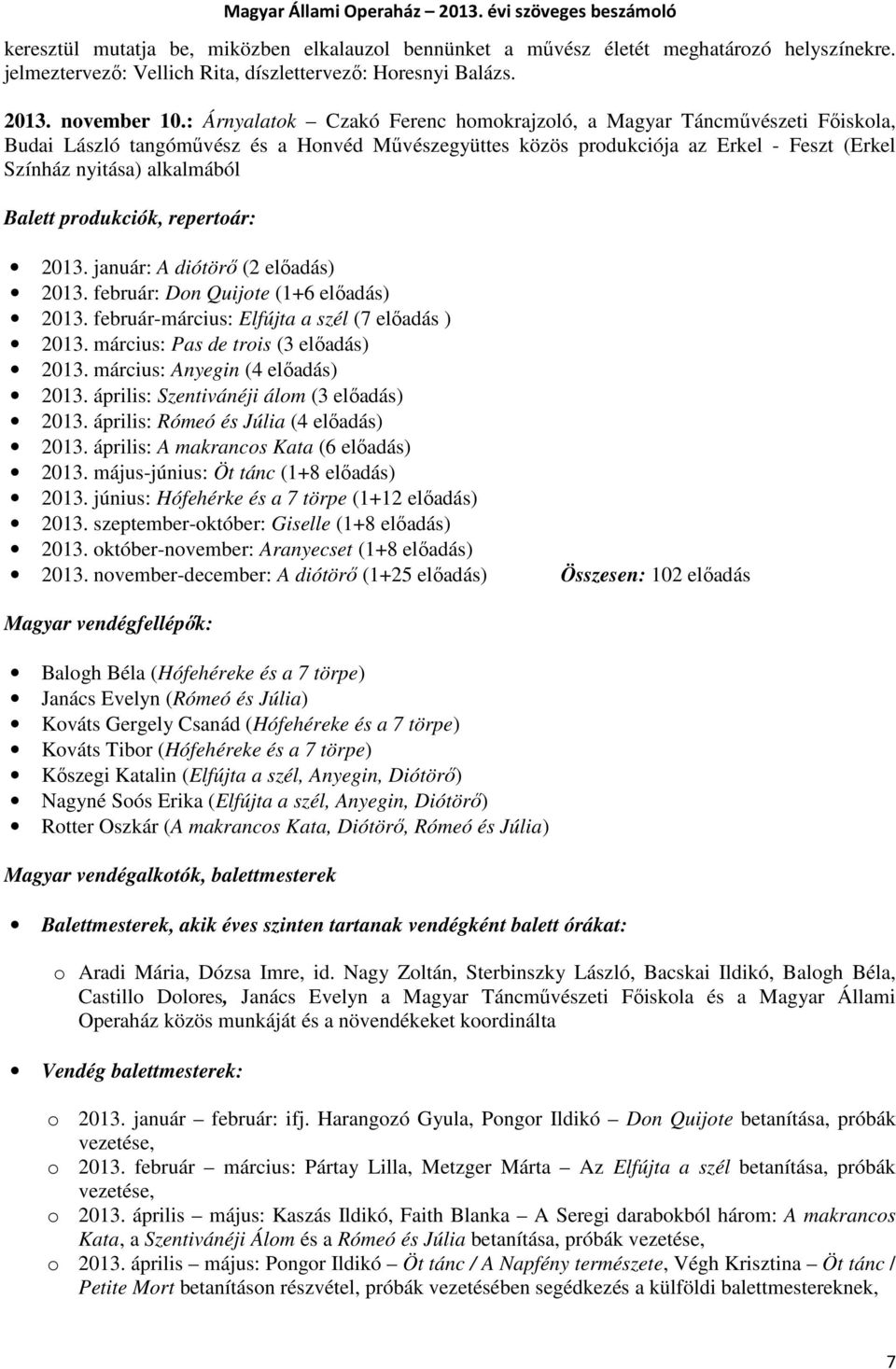 Balett produkciók, repertoár: 2013. január: A diótörő (2 előadás) 2013. február: Don Quijote (1+6 előadás) 2013. február-március: Elfújta a szél (7 előadás ) 2013.
