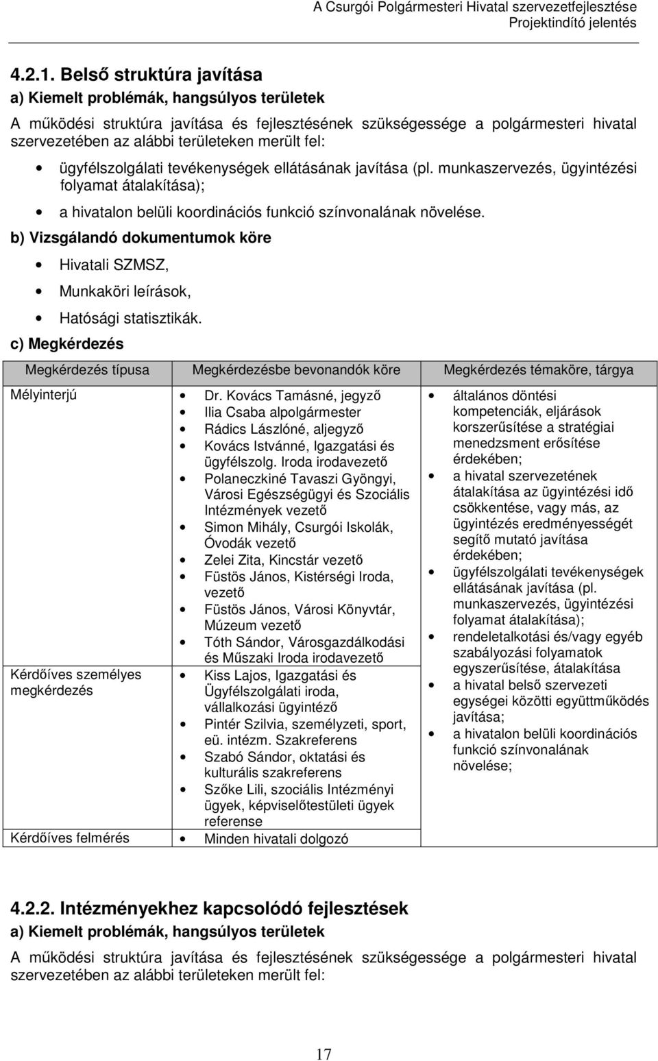 fel: ügyfélszolgálati tevékenységek ellátásának javítása (pl. munkaszervezés, ügyintézési folyamat átalakítása); a hivatalon belüli koordinációs funkció színvonalának növelése.