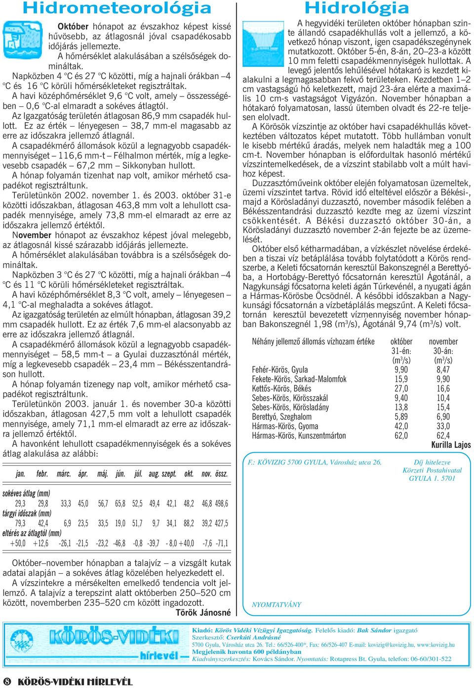 Az Igazgatóság területén átlagosan 86,9 mm csapadék hullott. Ez az érték lényegesen 38,7 mm-el magasabb az erre az idõszakra jellemzõ átlagnál.