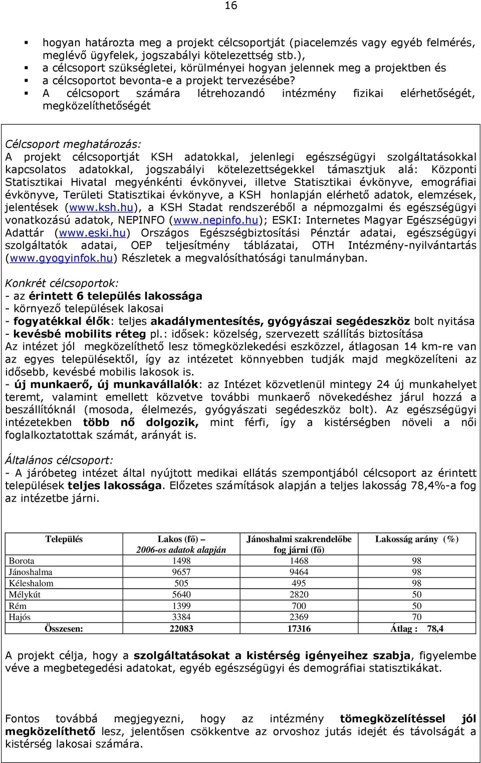 A célcsoport számára létrehozandó intézmény fizikai elérhetőségét, megközelíthetőségét Célcsoport meghatározás: A projekt célcsoportját KSH adatokkal, jelenlegi egészségügyi szolgáltatásokkal