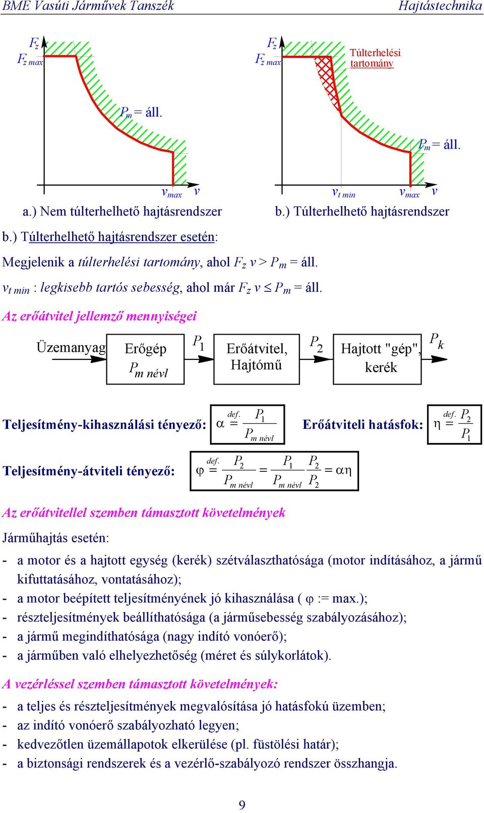 z erőátvitel jellemző mennyiségei v Üzemanyag Erőgép P Erőátvitel, P Hajtott "gép", P m névl Hajtómű kerék P k def. Teljesítmény-kihasználási tényező: α= P P m névl def.