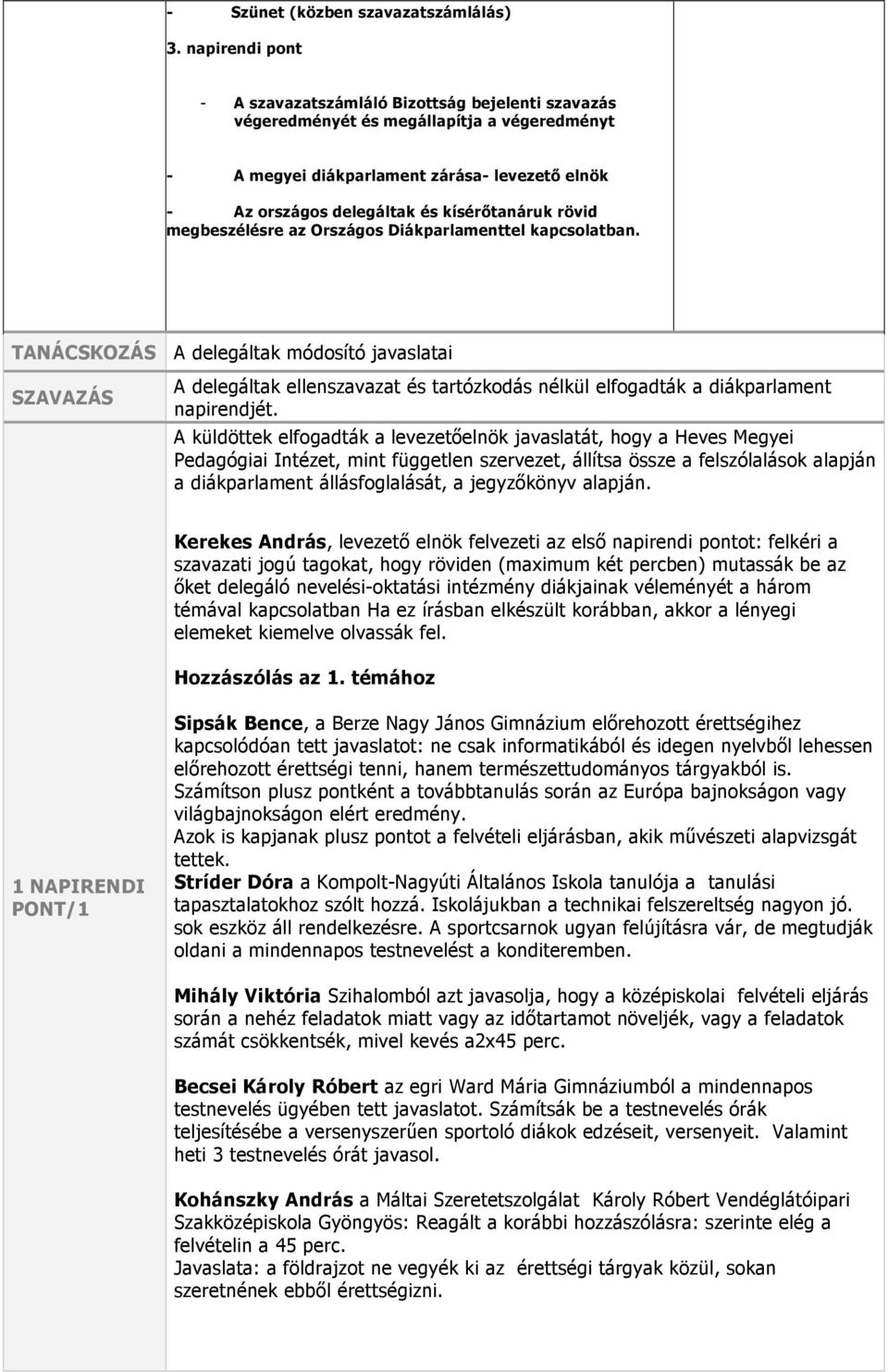 rövid megbeszélésre az Országos Diákparlamenttel kapcsolatban. TANÁCSKOZÁS A delegáltak módosító javaslatai A delegáltak ellenszavazat és tartózkodás nélkül elfogadták a diákparlament napirendjét.