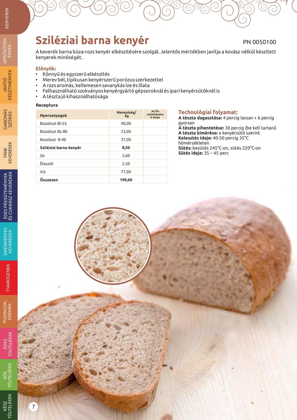 kihasználhatósága Receptura Búzaliszt Bl-55 Búzaliszt BL-80 Rozsliszt R-90 Sziléziai barna kenyér Só 40,00 23,00 37,00 8,50 2,60 2,50 PN 0050100 A tészta dagasztása: 4 percig lassan + 6 percig
