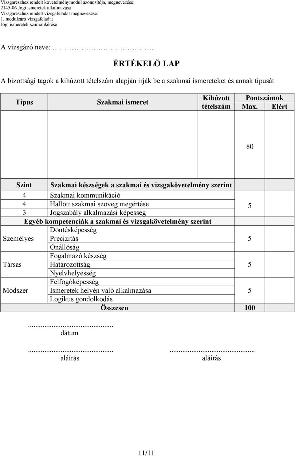 Elért 80 Szint Szakmai készségek a szakmai és vizsgakövetelmény szerint 4 Szakmai kommunikáció 4 Hallott szakmai szöveg megértése 5 3 Jogszabály alkalmazási