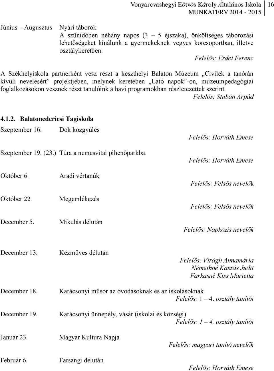 foglalkozásokon vesznek részt tanulóink a havi programokban részletezettek szerint. Felelős: Stubán Árpád 4.1.2. Balatonedericsi Tagiskola Szeptember 16. Dök közgyűlés Szeptember 19. (23.