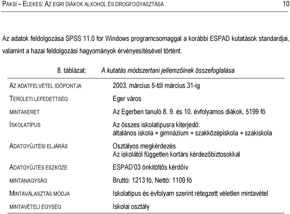 táblázat: A kutatás módszertani jellemzőinek összefoglalása AZ ADATFELVÉTEL IDŐPONTJA TERÜLETI LEFEDETTSÉG MINTAKERET ISKOLATÍPUS ADATGYŰJTÉSI ELJÁRÁS ADATGYŰJTÉS ESZKÖZE MINTANAGYSÁG MINTAVÁLASZTÁS