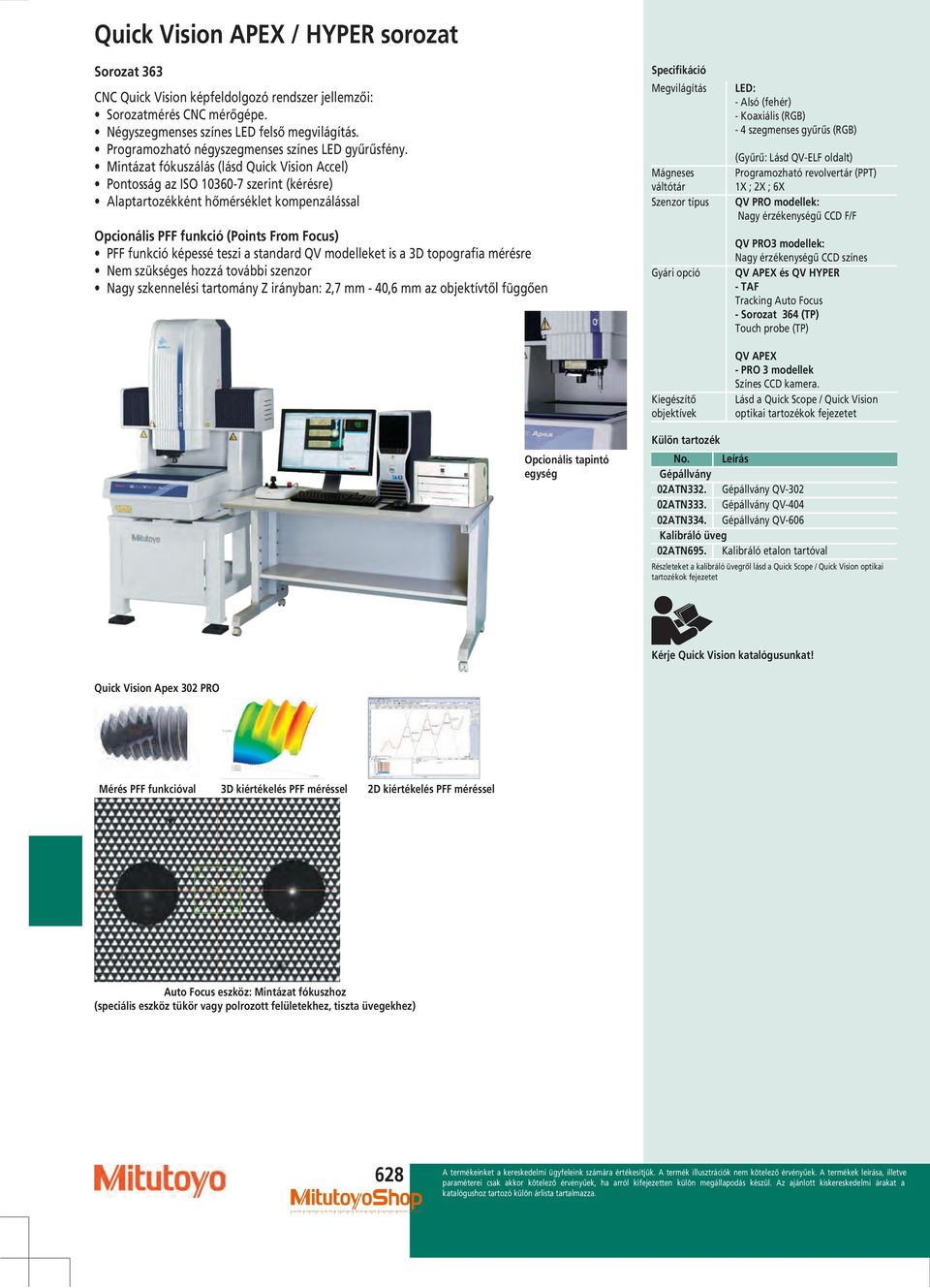 Mintázat fókuszálás (lásd Quick Vision Accel) Pontosság az ISO 10360-7 szerint (kérésre) Alaptartozékként hőmérséklet kompenzálással Opcionális PFF funkció (Points From Focus) PFF funkció képessé