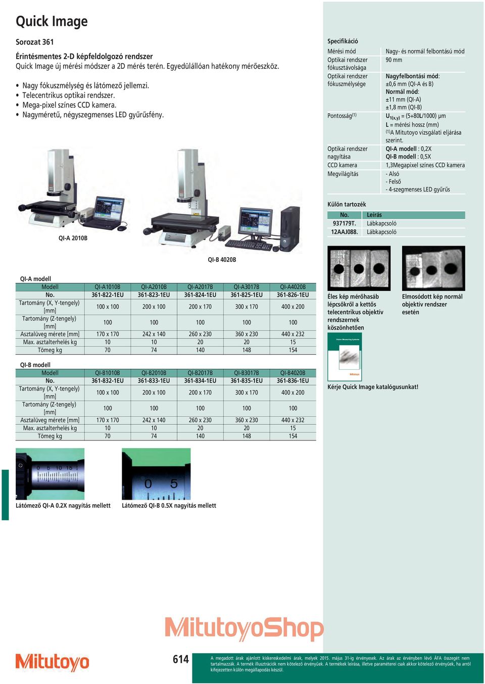 QI-A 2010B Specifikáció Mérési mód Optikai rendszer fókusztávolsága Optikai rendszer fókuszmélysége Nagy- és normál felbontású mód 90 mm Nagyfelbontási mód: ±0,6 mm (QI-A és B) Normál mód: ±11 mm