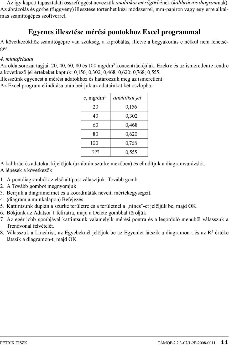 Egyenes illesztése mérési pontokhoz Excel programmal A következőkhöz számítógépre van szükség, a kipróbálás, illetve a begyakorlás e nélkül nem lehetséges. 4.