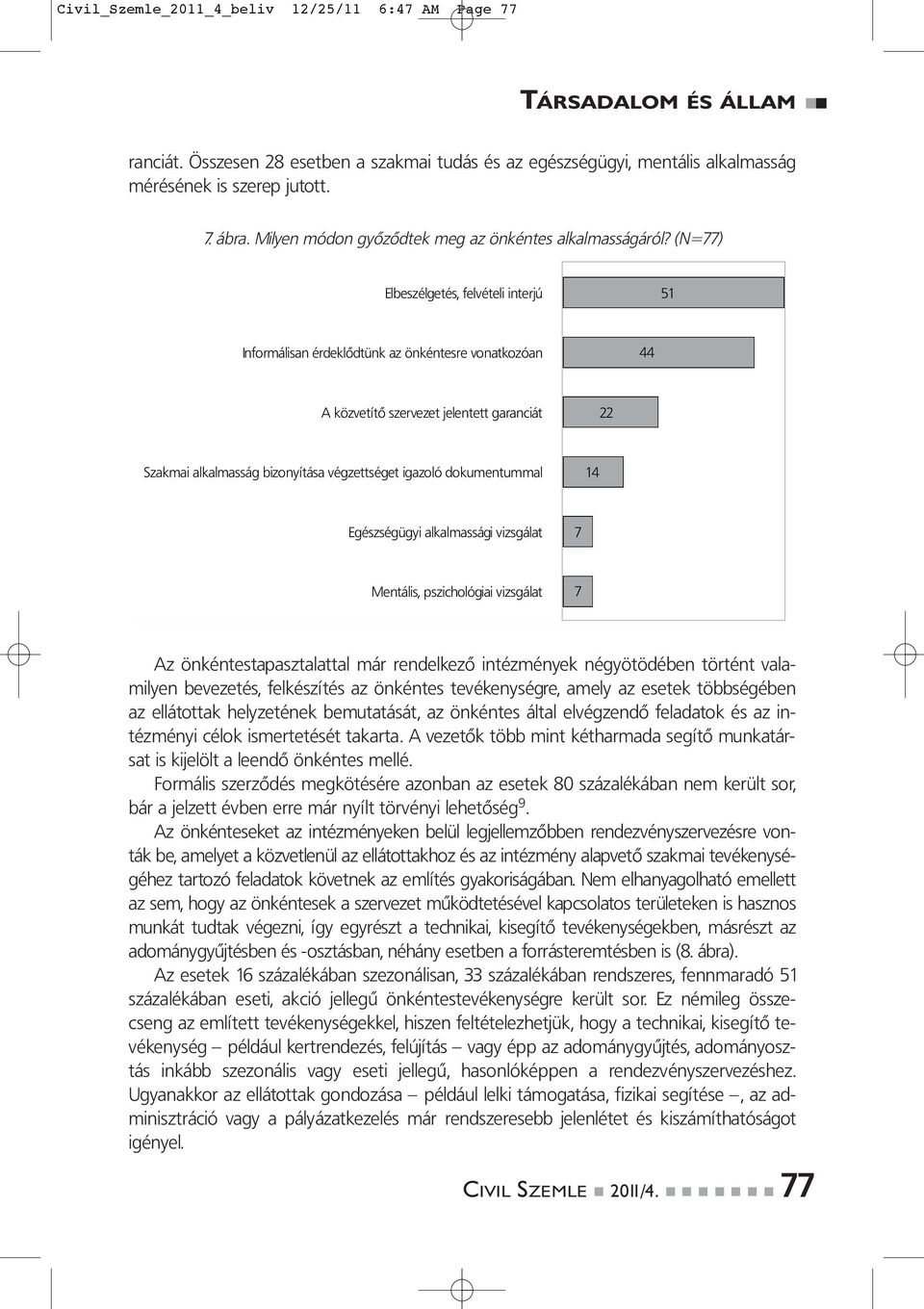 (N=77) Elbeszélgetés, felvételi interjú 51 Informálisan érdeklôdtünk az önkéntesre vonatkozóan 44 A közvetítô szervezet jelentett garanciát 22 Szakmai alkalmasság bizonyítása végzettséget igazoló