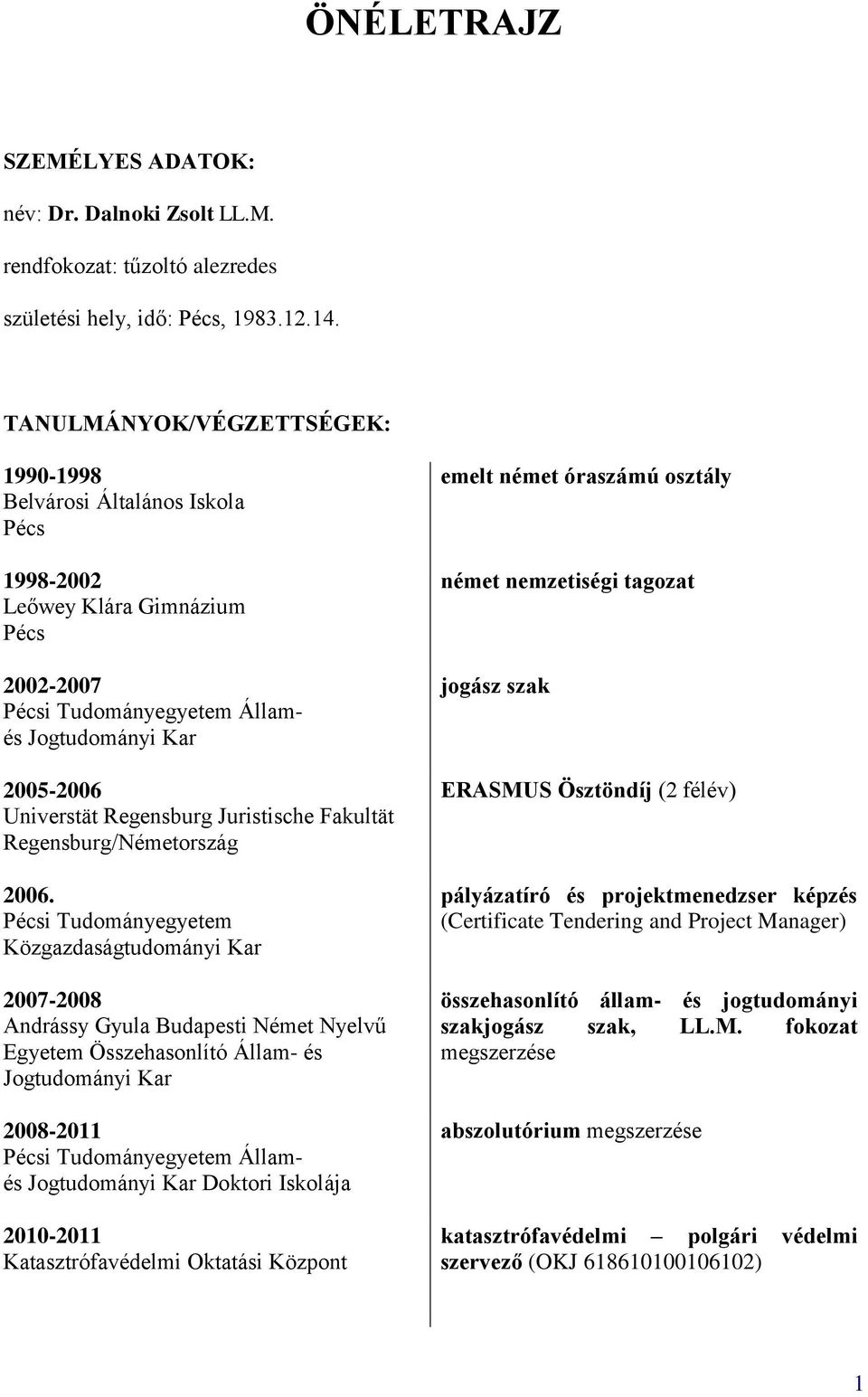 Regensburg/Németország Pécsi Tudományegyetem Közgazdaságtudományi Kar 2007-2008 Egyetem Összehasonlító Állam- és 2008-2011 Pécsi Tudományegyetem Államés Doktori Iskolája 2010-2011 Katasztrófavédelmi