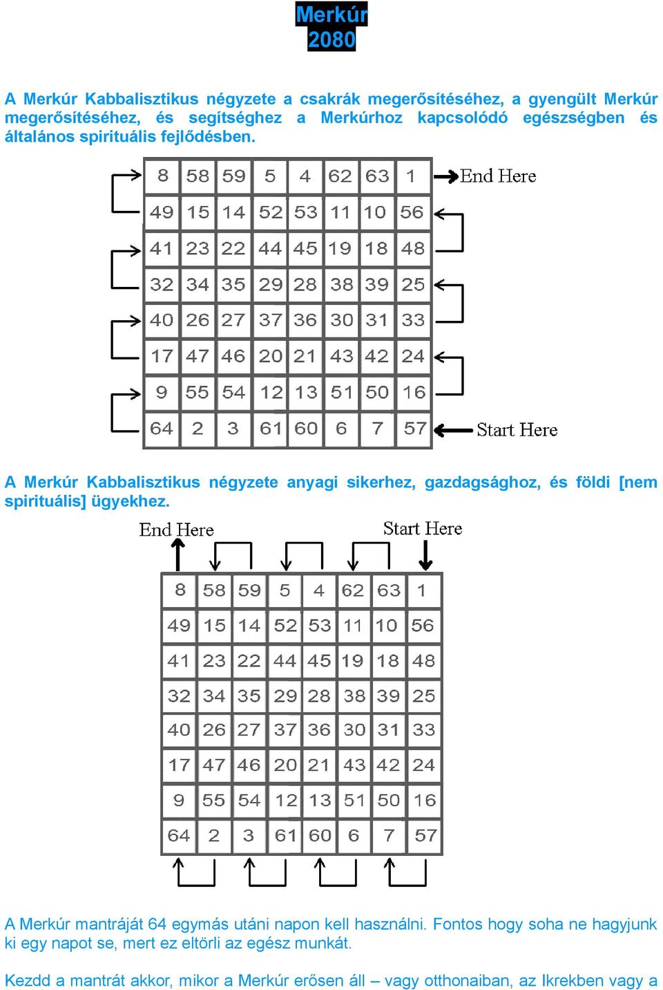 A Merkúr Kabbalisztikus négyzete anyagi sikerhez, gazdagsághoz, és földi [nem spirituális] ügyekhez.