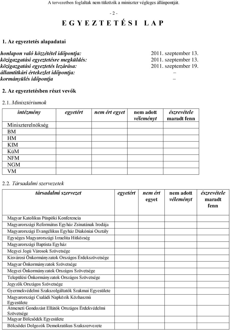 2. Társadalmi szervezetek társadalmi szervezet egyetért nem ért egyet Magyar Katolikus Püspöki Konferencia Magyarországi Református Egyház Zsinatának Irodája Magyarországi Evangélikus Egyház