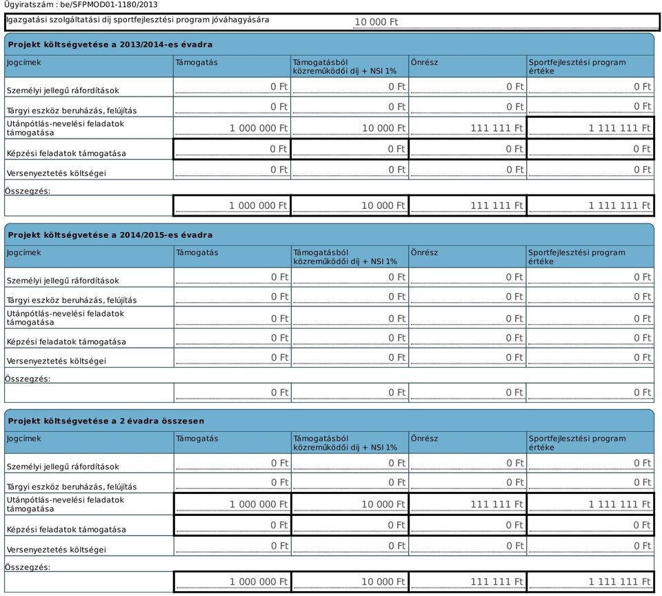 111 111 Ft 1 111 111 Ft 1 000 00 10 00 111 111 Ft 1 111 111 Ft Projekt költségvetése a 2014/2015-es évadra Jogcímek Támogatás Támogatásból közreműködői díj + NSI 1% Személyi jellegű ráfordítások
