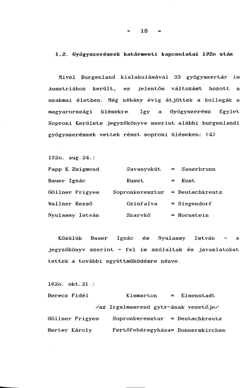 soproni üléseken: (4) 1920. aug.. 24.: Papp K.. Zsigmond Bauer Ignác Göllner Frigyes Savanyukút. = Sauerbrunn Ruszt. = Rust. Sopronkereszt.ur = Deut.schkreut.z Wallner Rezső Nyulassy Ist.