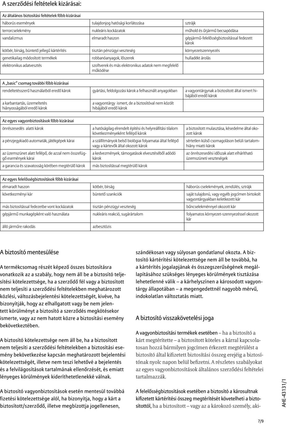 módosított termékek robbanóanyagok, lőszerek hulladékt árolás elektronikus adatvesztés szoftverek és más elektronikus adatok nem megfelelő működése A basic csomag további főbb kizárásai