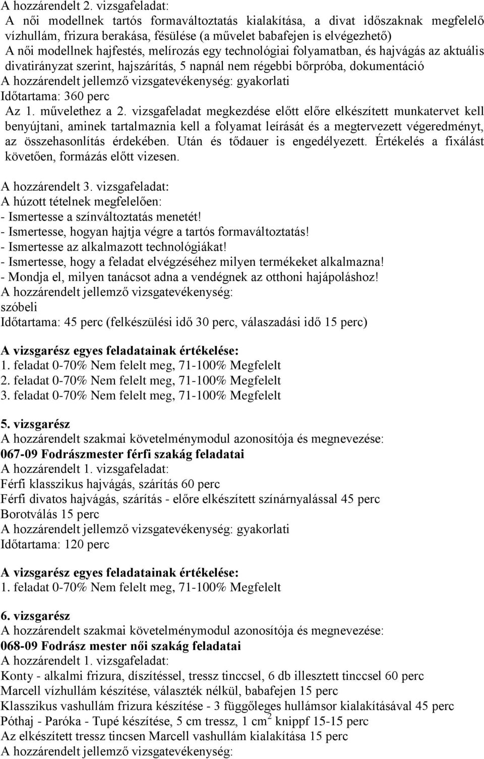 melírozás egy technológiai folyamatban, és hajvágás az aktuális divatirányzat szerint, hajszárítás, 5 napnál nem régebbi bőrpróba, dokumentáció gyakorlati Időtartama: 360 perc Az 1. művelethez a 2.