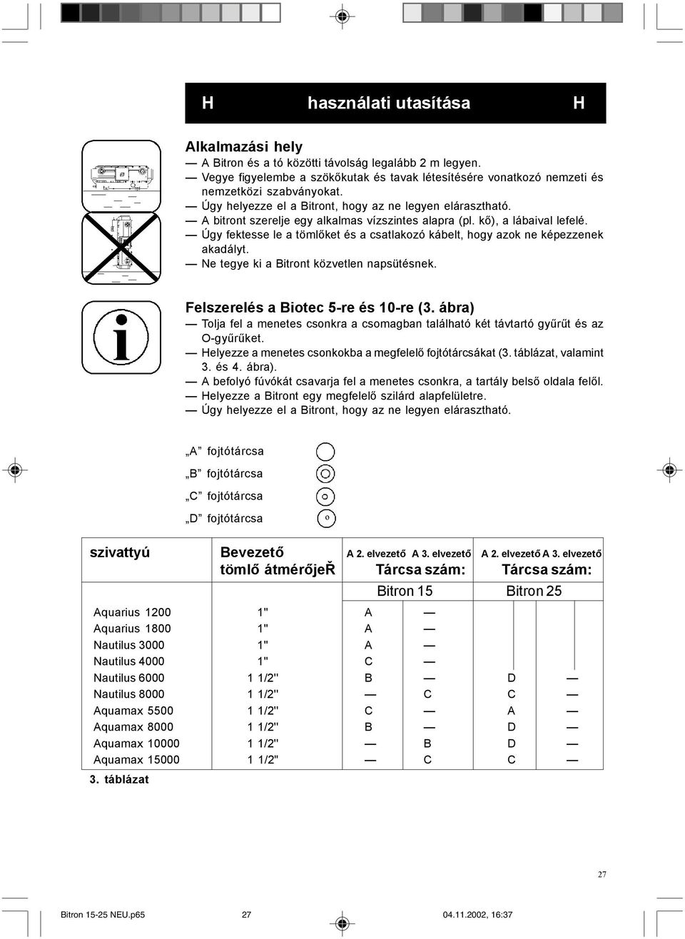 Úgy fektesse le a tömlőket és a csatlakozó kábelt, hogy azok ne képezzenek akadályt. Ne tegye ki a Bitront közvetlen napsütésnek. Felszerelés a Biotec 5-re és 10-re (3.