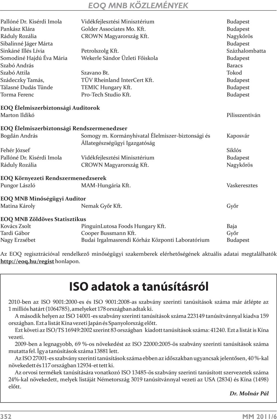 Százhalombatta Somodiné Hajdú Éva Mária Wekerle Sándor Üzleti Főiskola Budapest Szabó András Baracs Szabó Attila Szavano Bt. Tokod Szádeczky Tamás, TÜV Rheinland InterCert Kft.