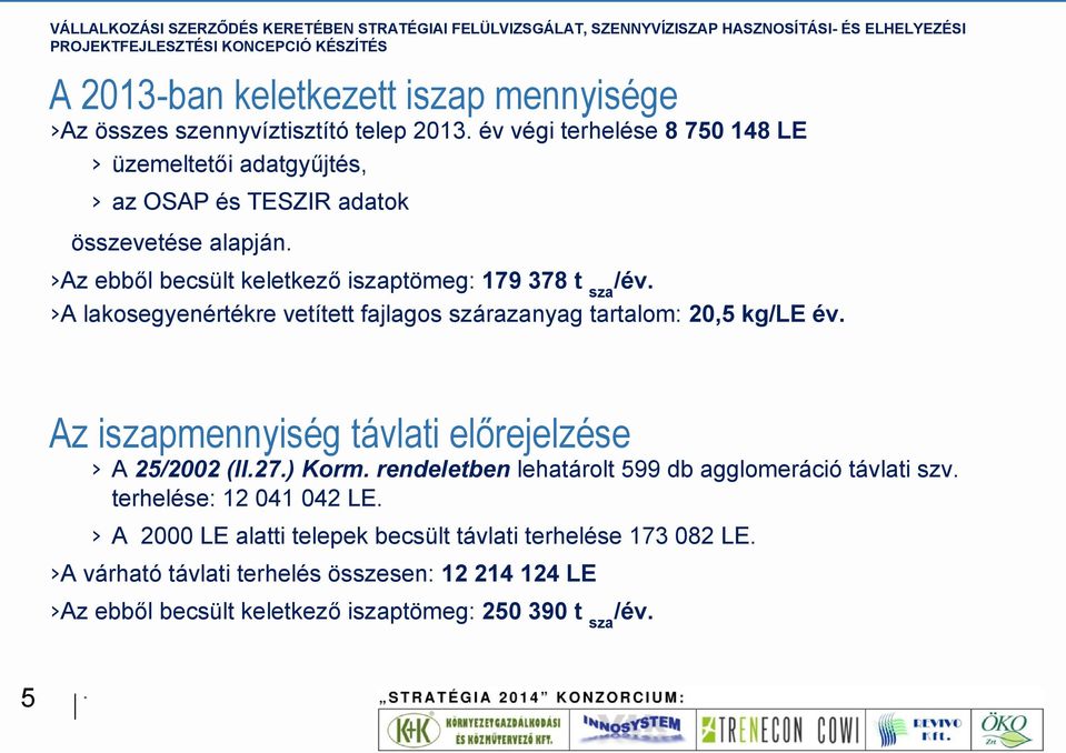 A lakosegyenértékre vetített fajlagos szárazanyag tartalom: 20,5 kg/le év. Az iszapmennyiség távlati előrejelzése A 25/2002 (II.27.) Korm.