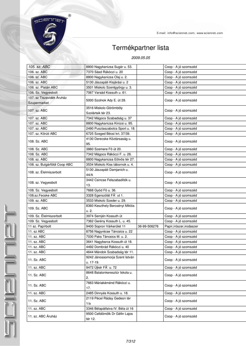 37 107. sz. ABC 8800 Nagykanizsa Kinizsi u. 95. 107. sz. ABC 2490 Pusztaszabolcs Sport u. 18. 107. sz. Körúti ABC 6725 Szeged Bécsi krt. 37/39. 108. Sz. ABC 4130 Derecske Köztársaság u. 95. 108. Sz. ABC 3860 Szemere Fõ út 20.