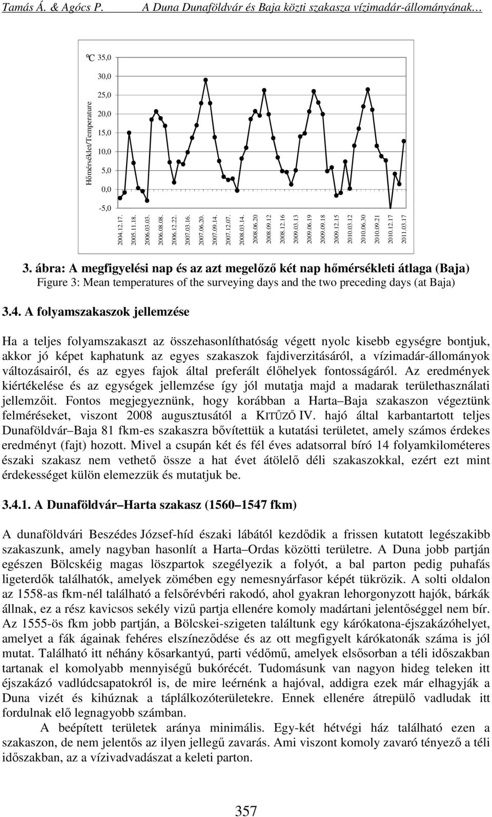 ábra: A megfigyelési nap és az azt megelőző két nap hőmérsékleti átlaga (Baja) Figure 3: Mean temperatures of the surveying days and the two preceding days (at Baja) 3.4.