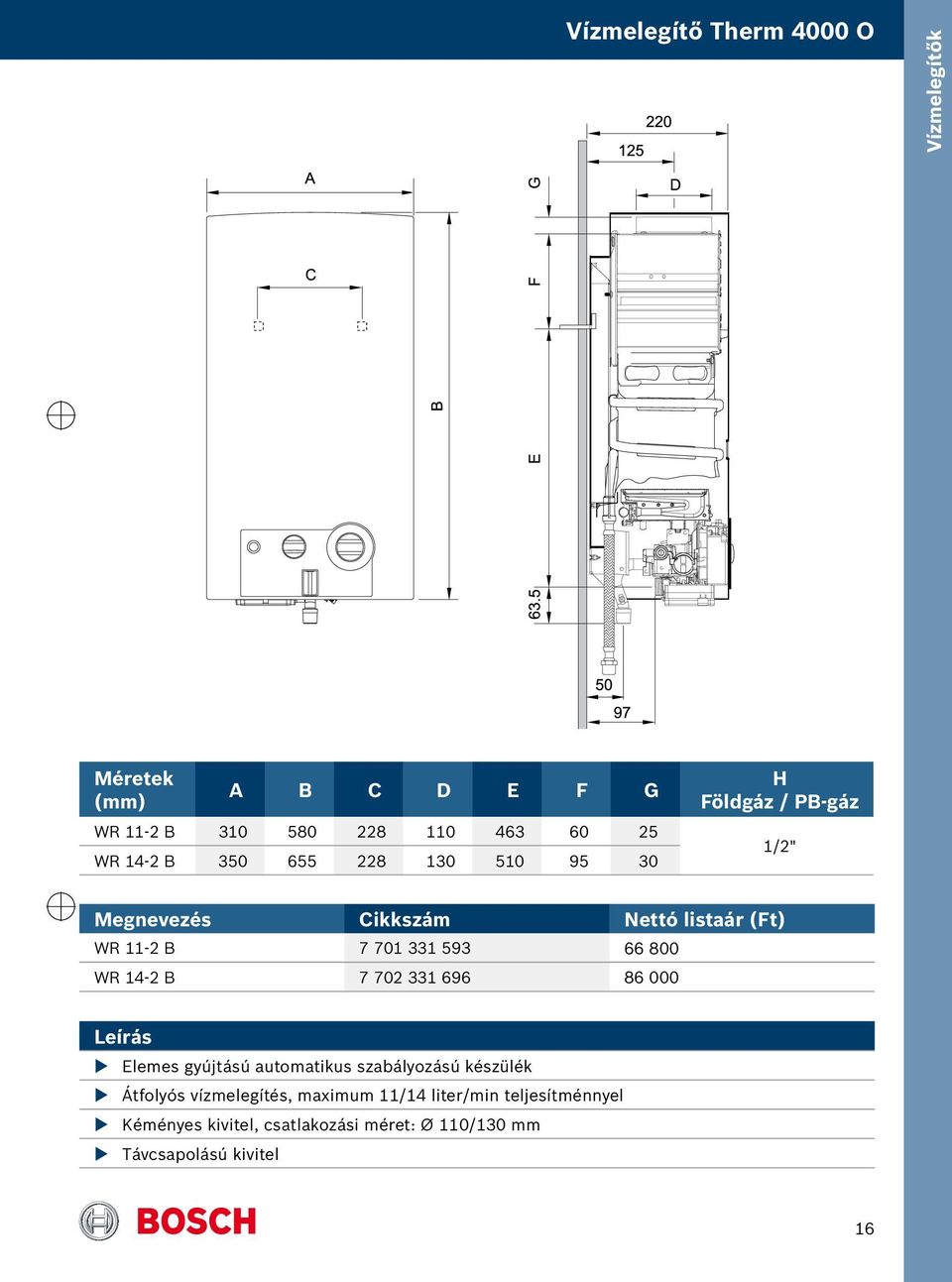 WR 14-2 B 7 702 331 696 86 000 Leírás XXElemes gyújtású automatikus szabályozású készülék XXÁtfolyós vízmelegítés,