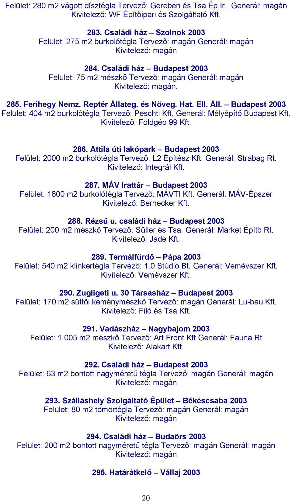 Családi ház Budapest 2003 Felület: 75 m2 mészkő Tervező: magán Generál: magán Kivitelező: magán. 285. Ferihegy Nemz. Reptér Állateg. és Növeg. Hat. Ell. Áll. Budapest 2003 Felület: 404 m2 burkolótégla Tervező: Peschti Kft.