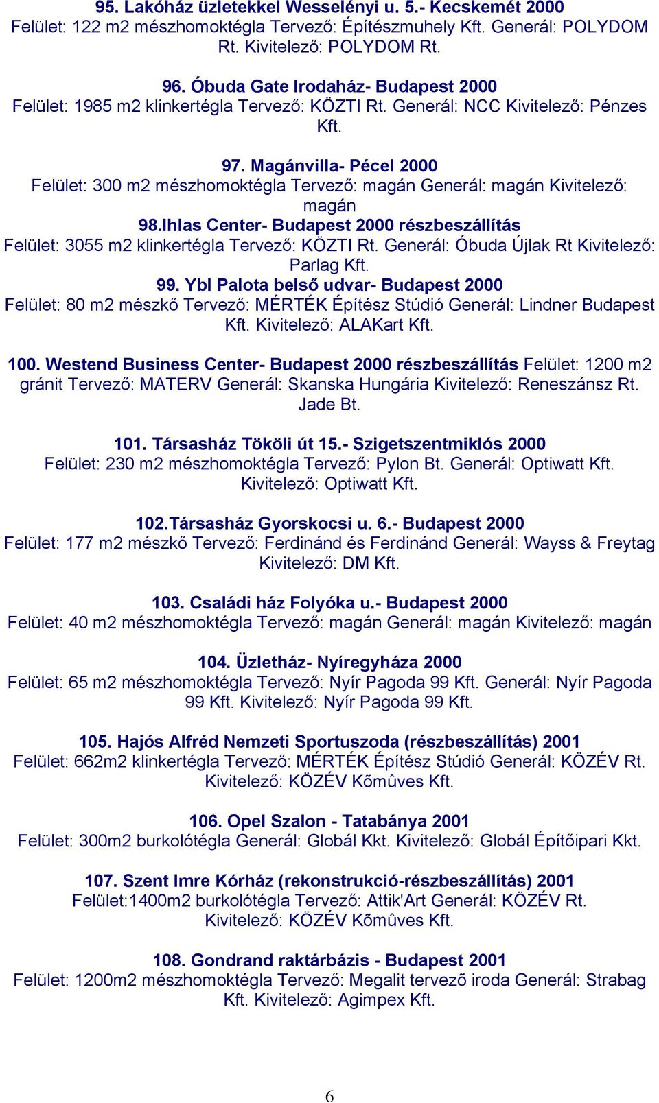 Magánvilla- Pécel 2000 Felület: 300 m2 mészhomoktégla Tervező: magán Generál: magán Kivitelező: magán 98.Ihlas Center- Budapest 2000 részbeszállítás Felület: 3055 m2 klinkertégla Tervező: KÖZTI Rt.