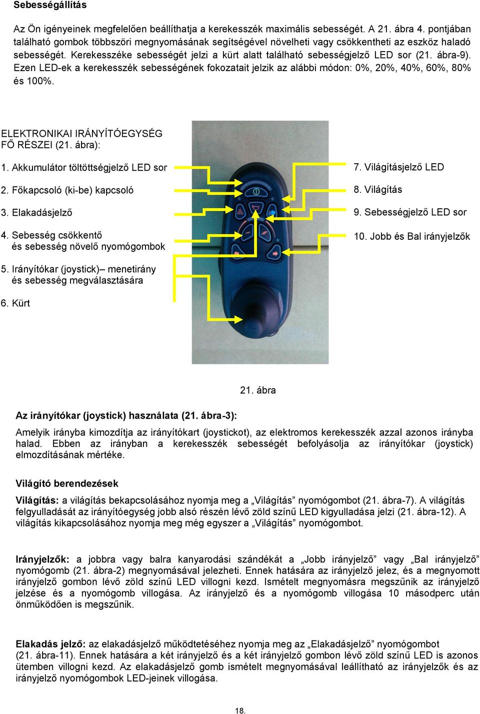 ábra-9). Ezen LED-ek a kerekesszék sebességének fokozatait jelzik az alábbi módon: 0%, 20%, 40%, 60%, 80% és 100%. ELEKTRONIKAI IRÁNYÍTÓEGYSÉG FŐ RÉSZEI (21. ábra): 1.