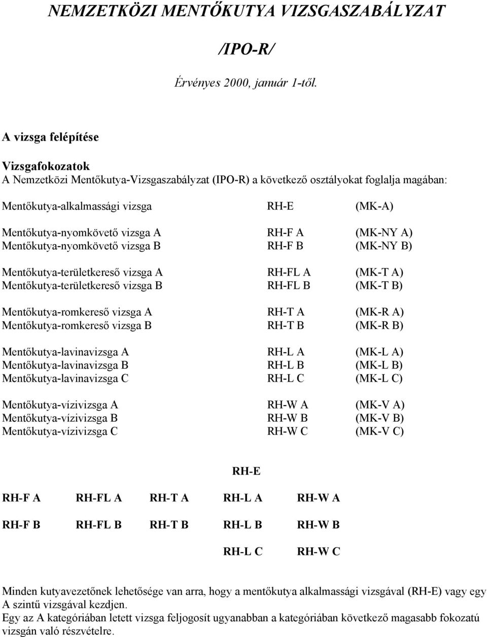 A RH-F A (MK-NY A) Mentőkutya-nyomkövető vizsga B RH-F B (MK-NY B) Mentőkutya-területkereső vizsga A RH-FL A (MK-T A) Mentőkutya-területkereső vizsga B RH-FL B (MK-T B) Mentőkutya-romkereső vizsga A