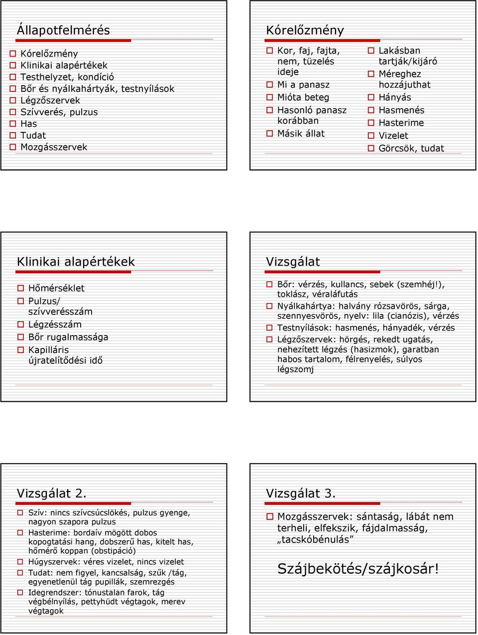 Hımérséklet Pulzus/ szívverésszám Légzésszám Bır rugalmassága Kapilláris újratelítıdési idı Bır: vérzés, kullancs, sebek (szemhéj!