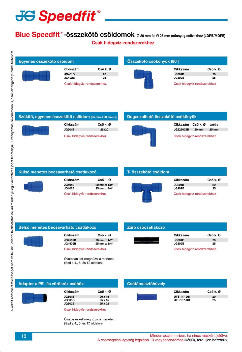 Egyenes összekötő csőidom JG401B 20 JG402B 25 Csak hidegvíz-rendszerekhez Szűkítő, egyenes összekötő csőidom (25 mm-t 20 mm-re) JG501B Külső menetes becsavarható csatlakozó 25x20 Csak