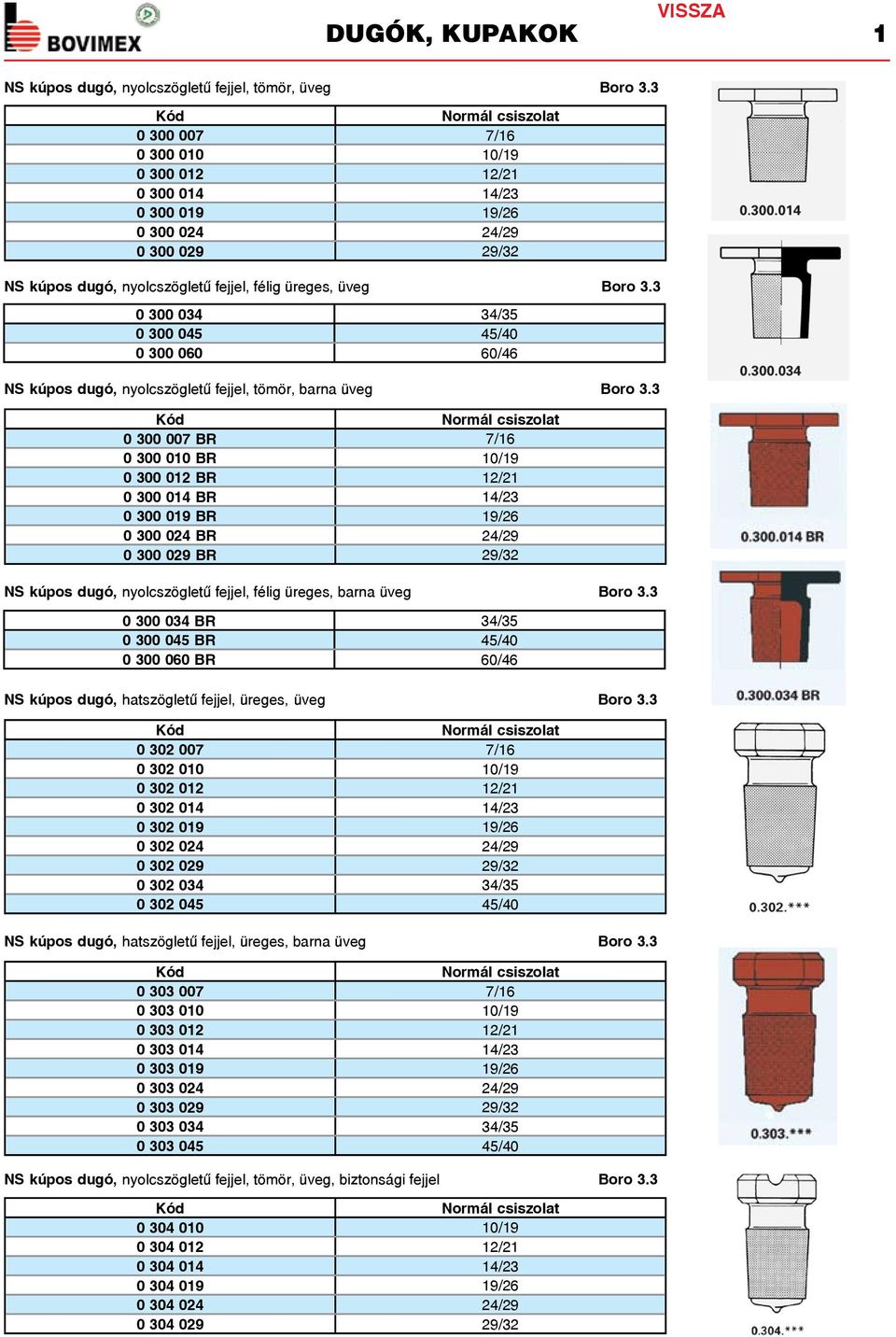 3 0 300 034 34/35 0 300 045 45/40 0 300 060 60/46 NS kúpos dugó, nyolcszögletű fejjel, tömör, barna üveg Boro 3.