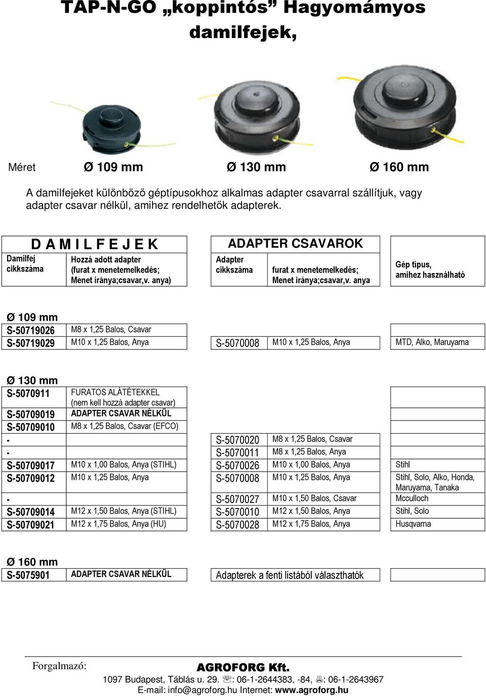 ( Ø 09 mm S-07906 M8 x, Balos, Csavar S-07909 M0 x, Balos, Anya S-070008 M0 x, Balos, Anya MTD, Alko, Maruyama Ø 0 mm S-0709 FURATOS ALÁTÉTEKKEL (nem kell hozzá adapter csavar) S-070909 ADAPTER