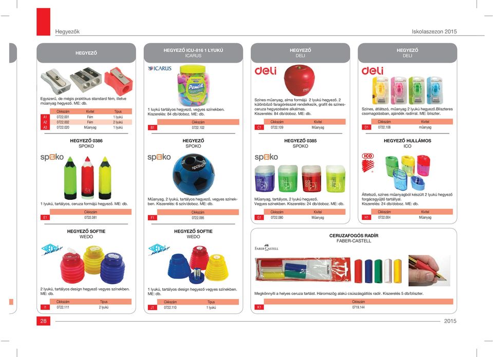 2 különböző faragórésszel rendelkezik, grafit és színesceruza hegyezésére alkalmas. Kiszerelés: 84 db/doboz. Kivitel C1 0722.109 Műanyag Színes, átlátszó, műanyag 2 lyukú hegyező.