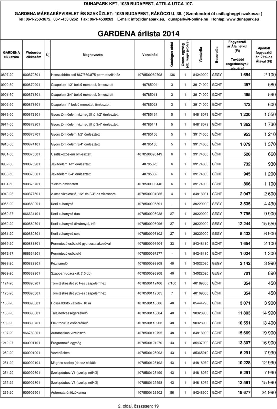 tömlőelem vízmegállító /2" ömlesztett 4078534 5 8488079 GÖNT 220 550 094-50 90087320 Gyors tömlőelem vízmegállító 3/4" ömlesztett 407854 5 8488079 GÖNT 362 730 095-50 90087370 Gyors tömlőelem /2"