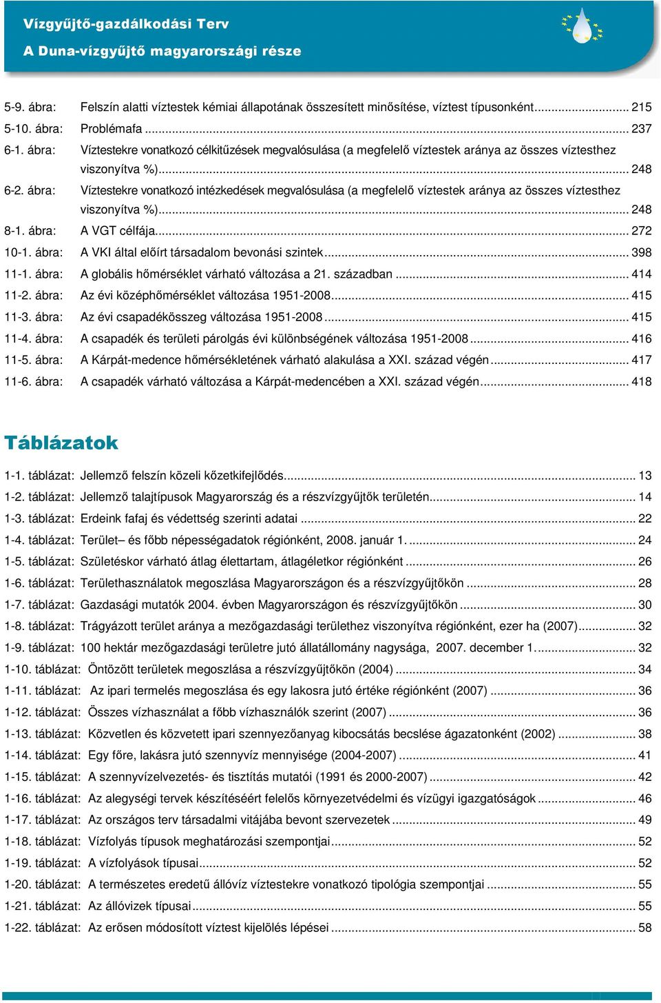 ábra: Víztestekre vonatkozó intézkedések megvalósulása (a megfelelő víztestek aránya az összes víztesthez viszonyítva %)... 248 8-1. ábra: A VGT célfája... 272 10-1.