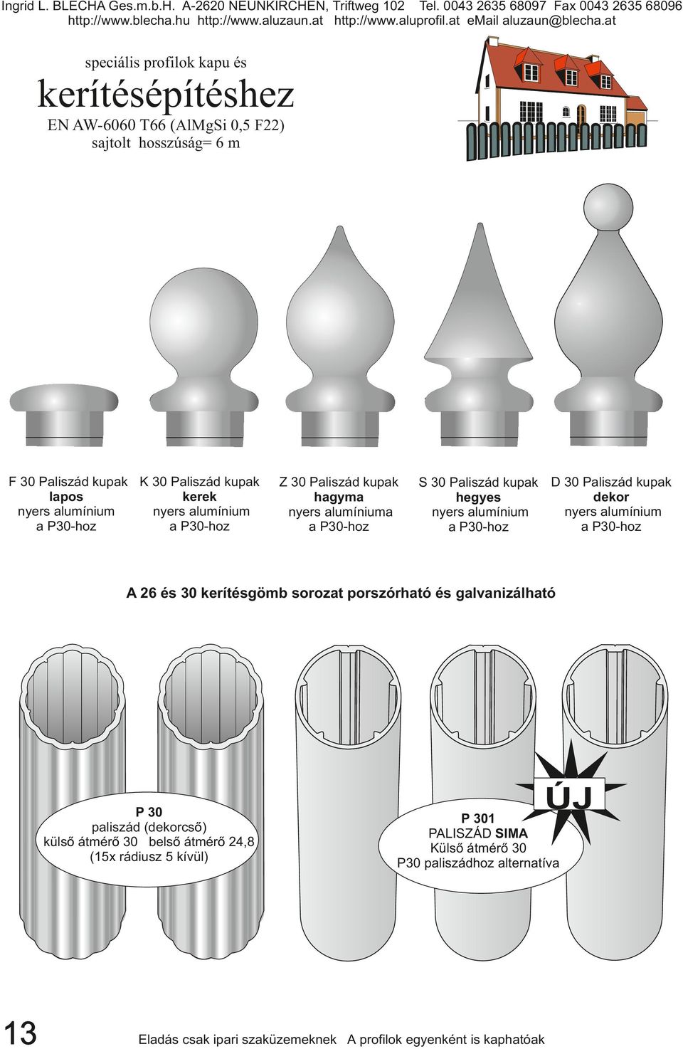 alumínium a P30-hoz a P30-hoz A 26 és 30 kerítésgömb sorozat porszórható és galvanizálható P 30 paliszád (dekorcső)
